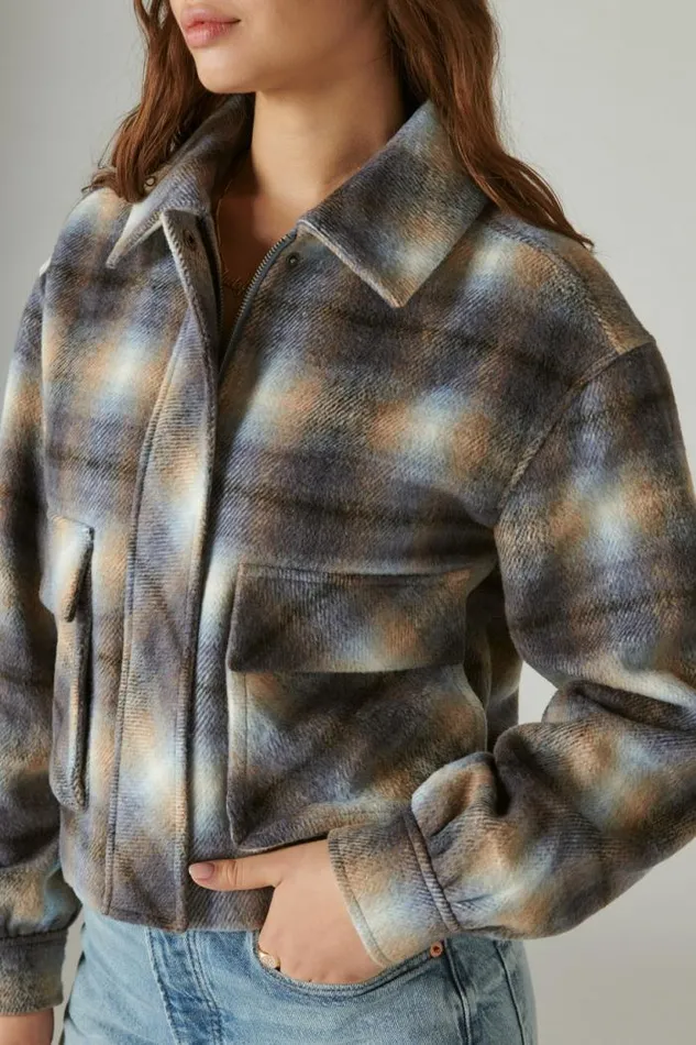 Lucky Brand Cropped Plaid Jacket Blue Multi Plaid Women Jackets and Outerwear