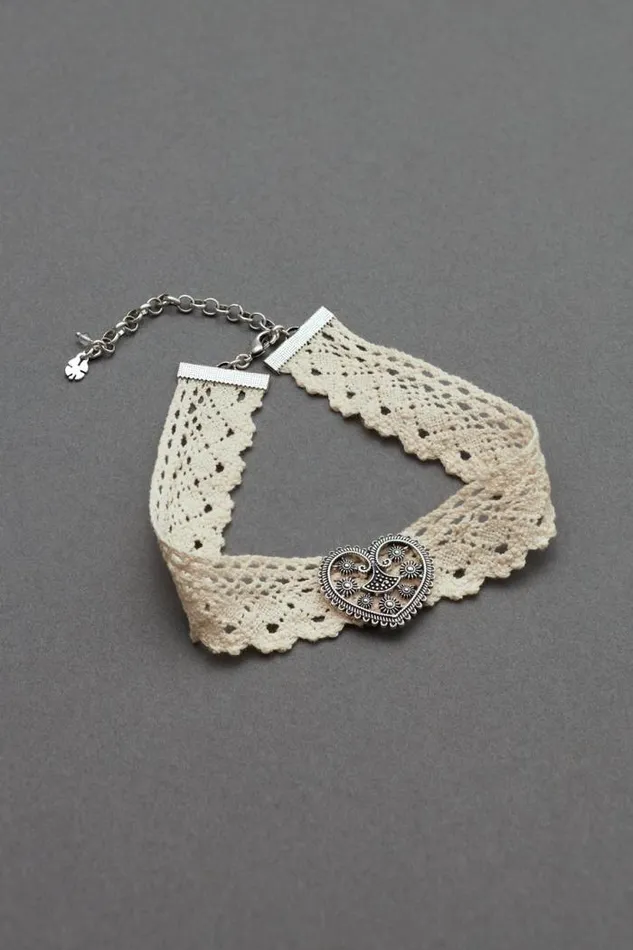 Lucky Brand Detailed Heart Lace Choker Necklace Silver Women Jewelry
