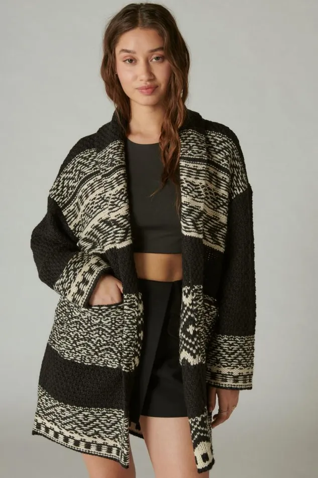 Lucky Brand Fairisle Coatigan Dark Bkl Combo Women Sweaters and Sweatshirts