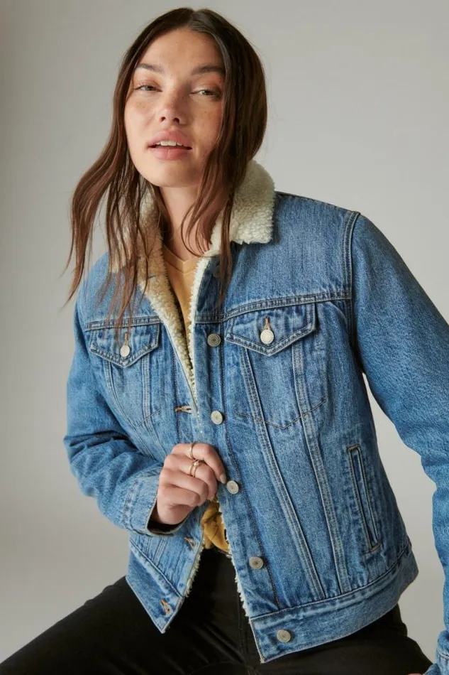 Lucky Brand Faux Shearling Lined Denim Trucker Jacket Polar Women Jackets and Outerwear