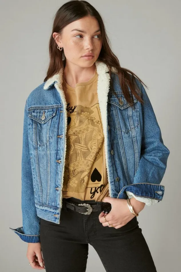 Lucky Brand Faux Shearling Lined Denim Trucker Jacket Polar Women Jackets and Outerwear