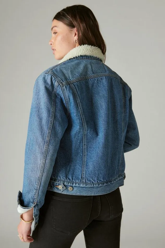 Lucky Brand Faux Shearling Lined Denim Trucker Jacket Polar Women Jackets and Outerwear