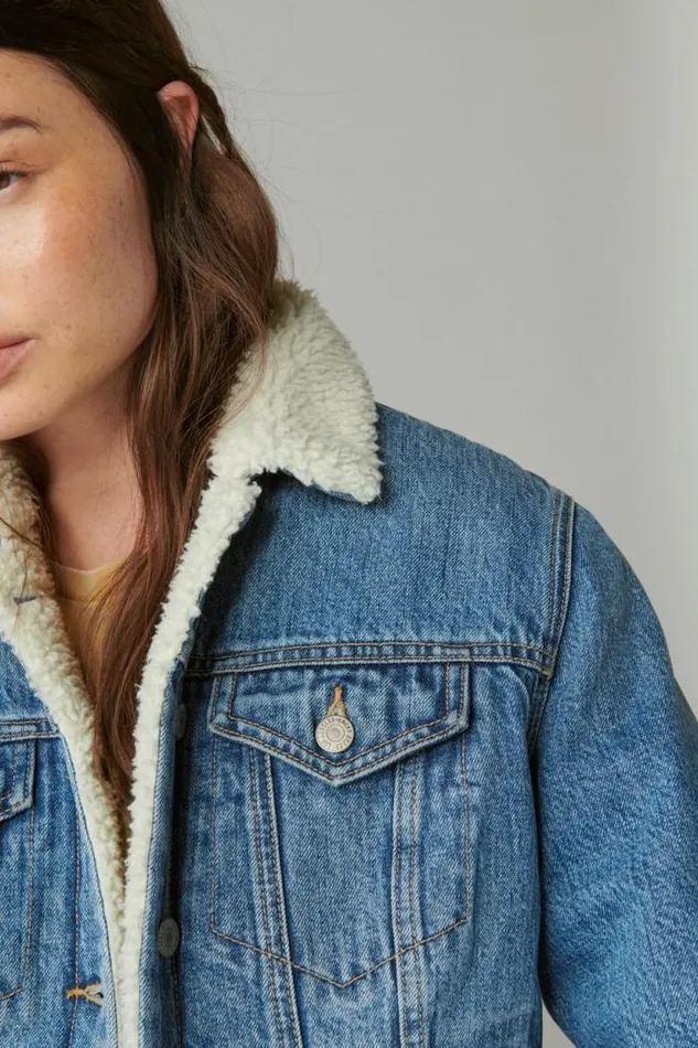 Lucky Brand Faux Shearling Lined Denim Trucker Jacket Polar Women Jackets and Outerwear