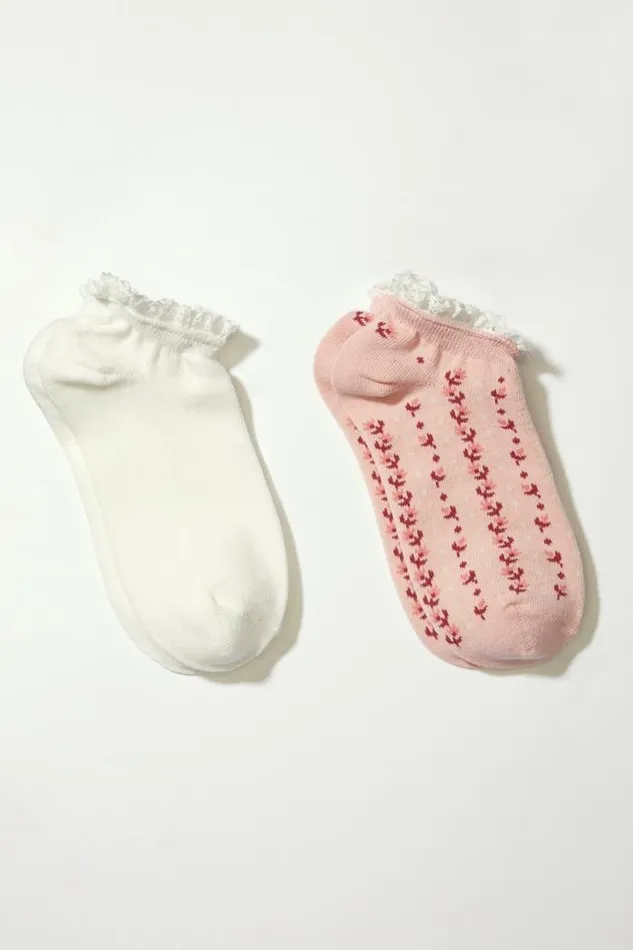 Lucky Brand Garden Lace Trim Ped Sock 2 Pk Rose Women Socks