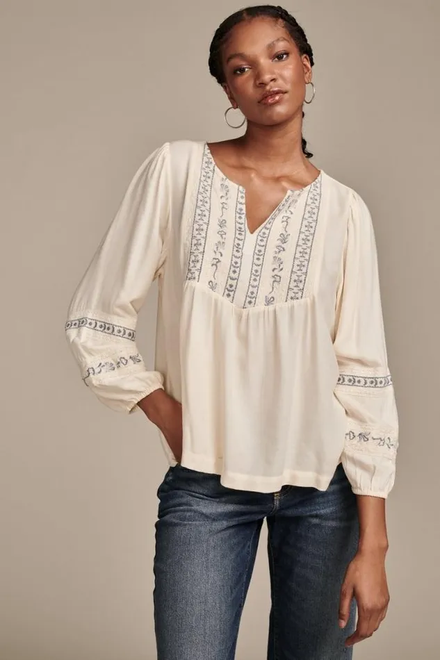 Lucky Brand Geo Embroidered Babydoll Top Eggnog Women Blouses