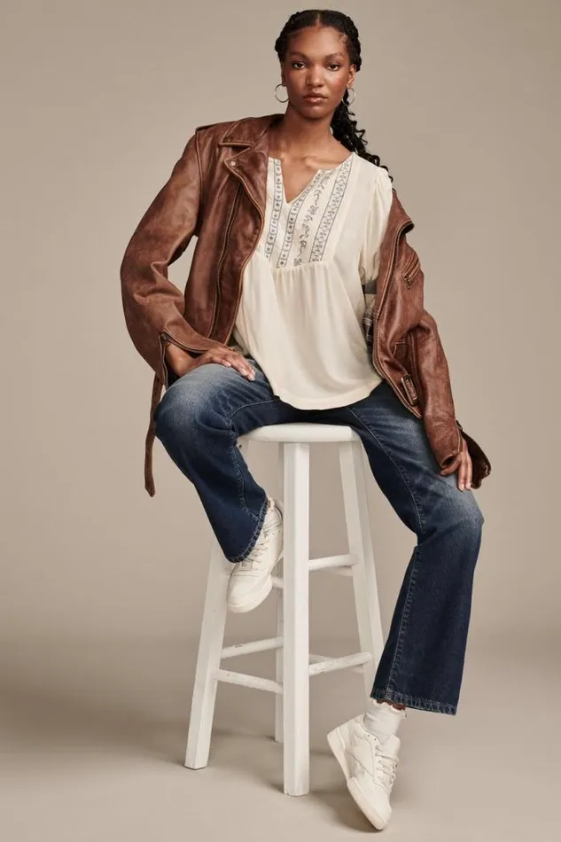 Lucky Brand Geo Embroidered Babydoll Top Eggnog Women Blouses