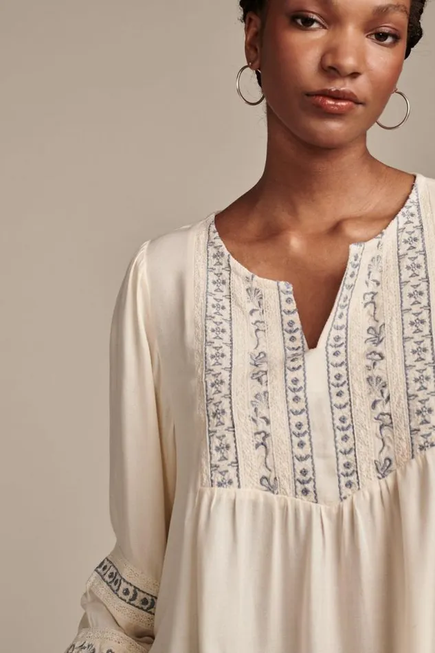Lucky Brand Geo Embroidered Babydoll Top Eggnog Women Blouses