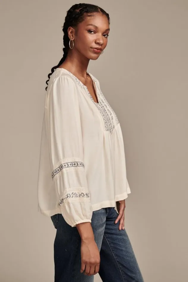 Lucky Brand Geo Embroidered Babydoll Top Eggnog Women Blouses