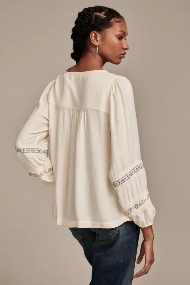 Lucky Brand Geo Embroidered Babydoll Top Eggnog Women Blouses