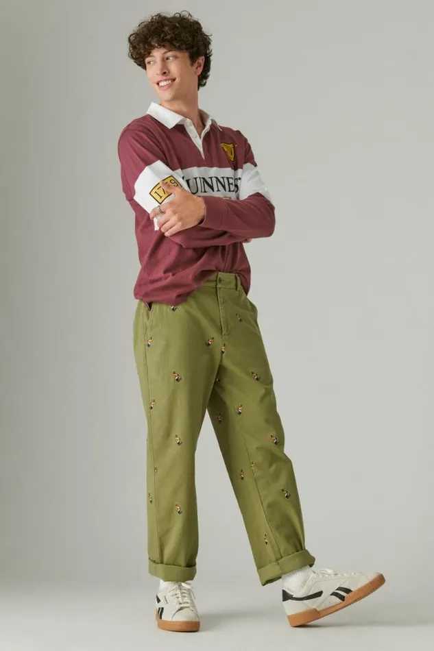 Lucky Brand Guinness Embroidered Washed Chino Pant Olive Embroidery Men Pants