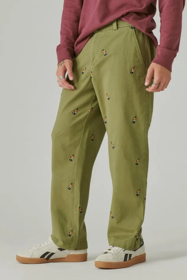 Lucky Brand Guinness Embroidered Washed Chino Pant Olive Embroidery Men Pants