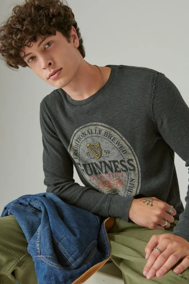 Lucky Brand Guinness Logo Thermal Jet Black Men Shirts and Tops
