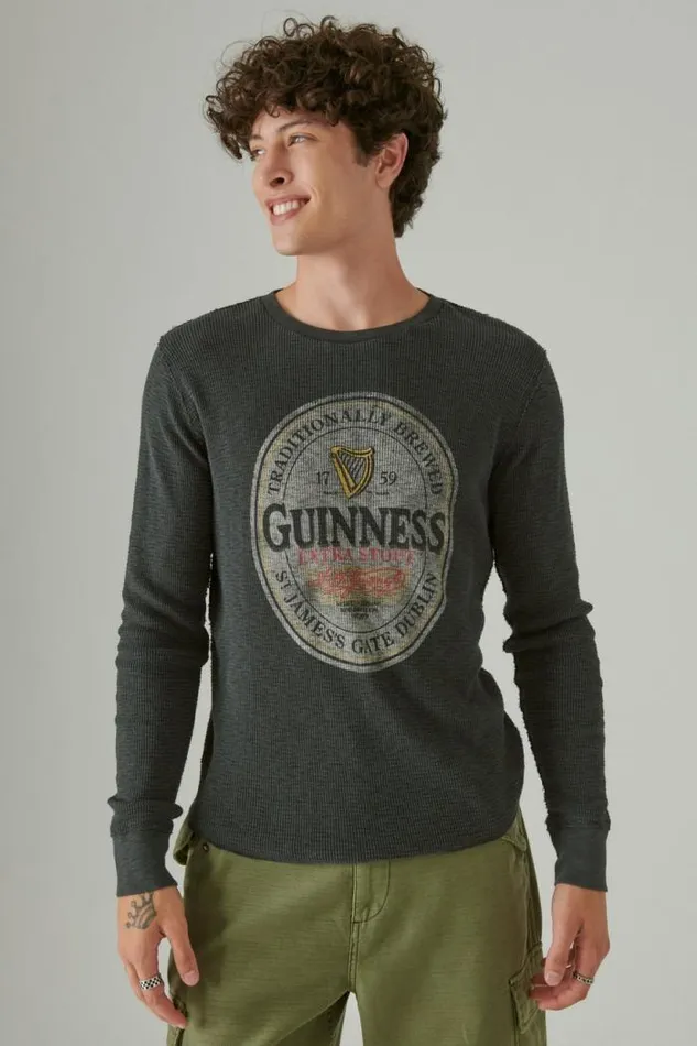 Lucky Brand Guinness Logo Thermal Jet Black Men Shirts and Tops
