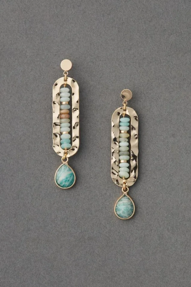 Lucky Brand Hammered Metal And Beaded Stone Drop Earring Gold Women Jewelry
