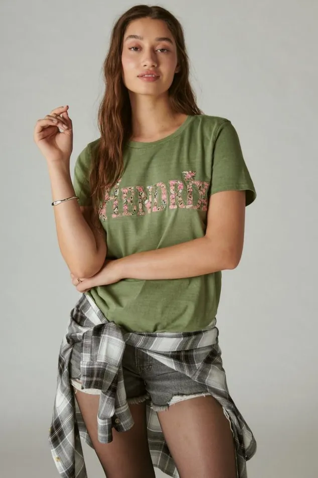 Lucky Brand Hendrix Floral Classic Crew Olivine Women Graphic Tees