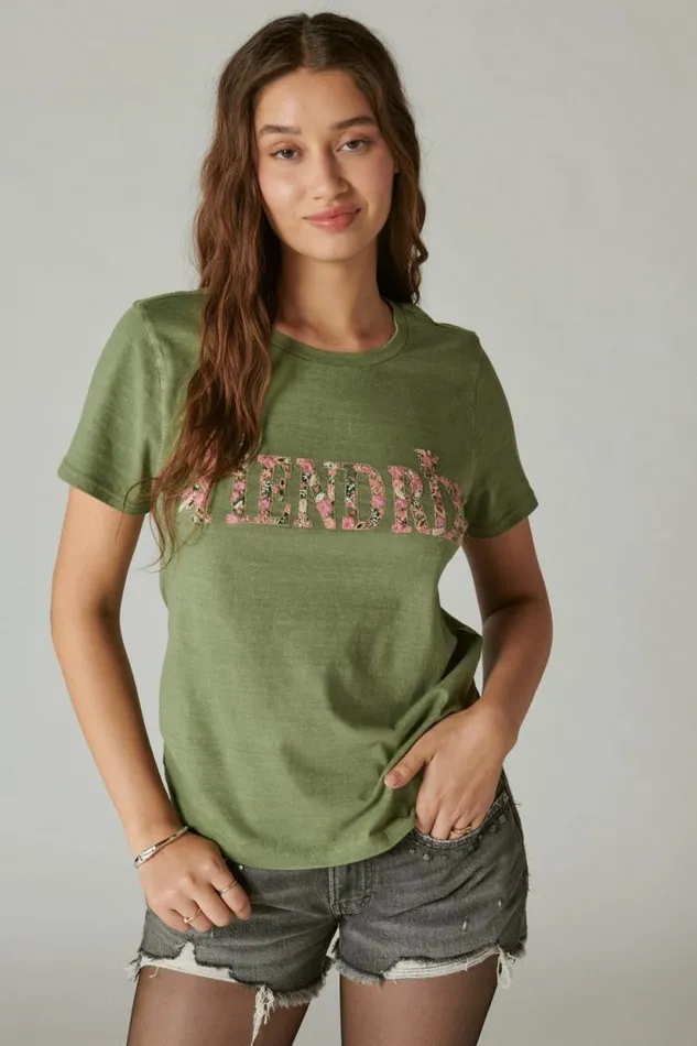 Lucky Brand Hendrix Floral Classic Crew Olivine Women Graphic Tees