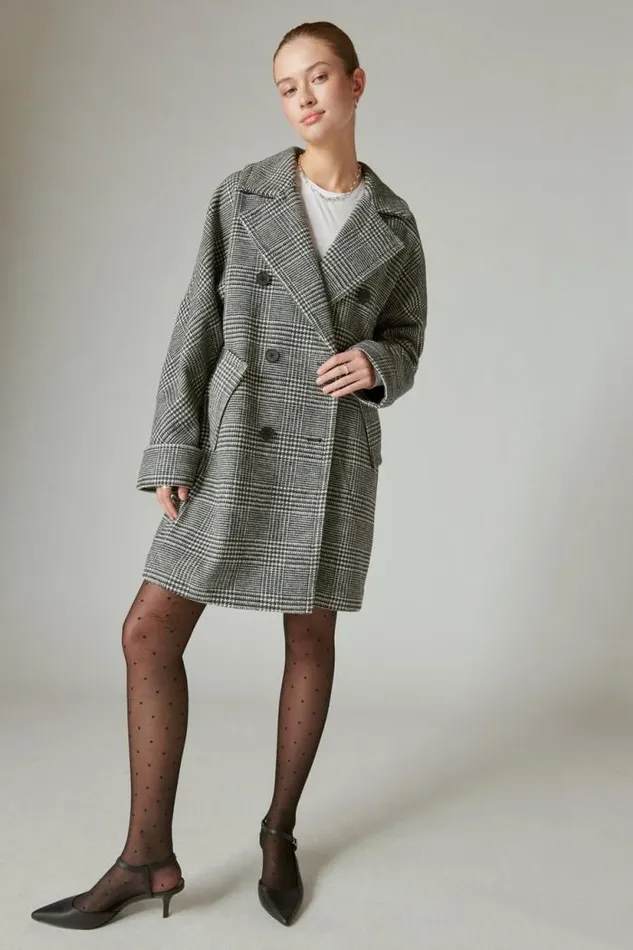 Lucky Brand Houndstooth Doublebreasted Coat Grey Plaid Women Jackets and Outerwear