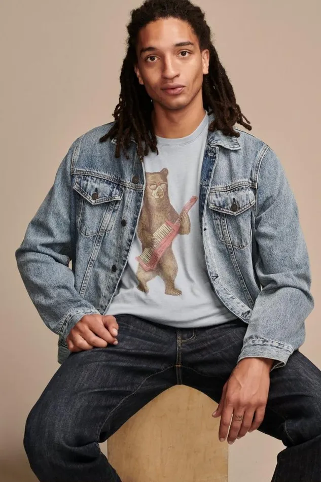 Lucky Brand Keytar Bear Faded Denim 174021tcx Men Graphic Tees