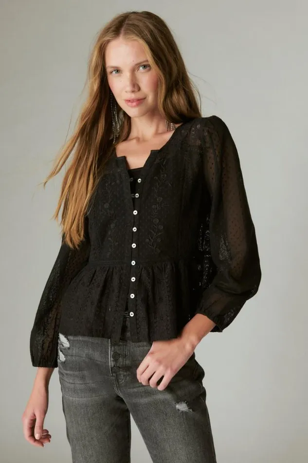 Lucky Brand Lace Date Night Top Caviar Women All Tops