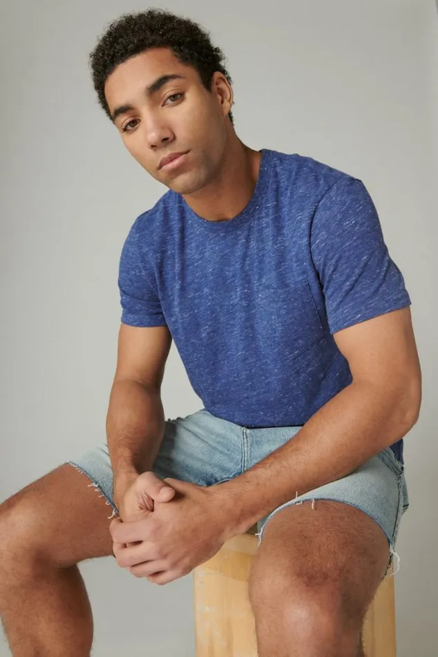 Lucky Brand Linen Short Sleeve Pocket Crew Neck Tee 40065 Blue Depths Men Shirts and Tops