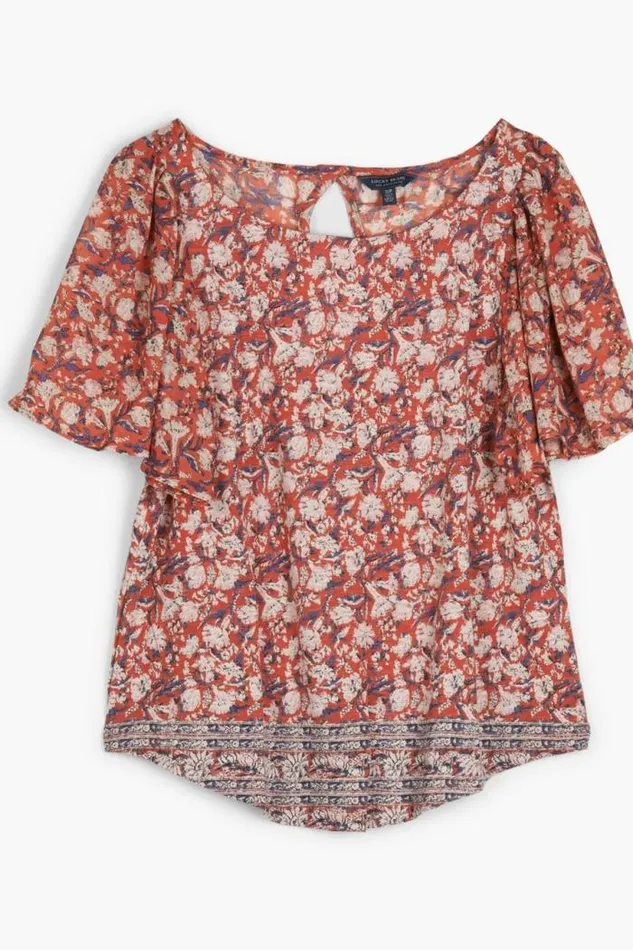 Lucky Brand Mixed Media Flutter Slv Red Multi Women Knit Tops
