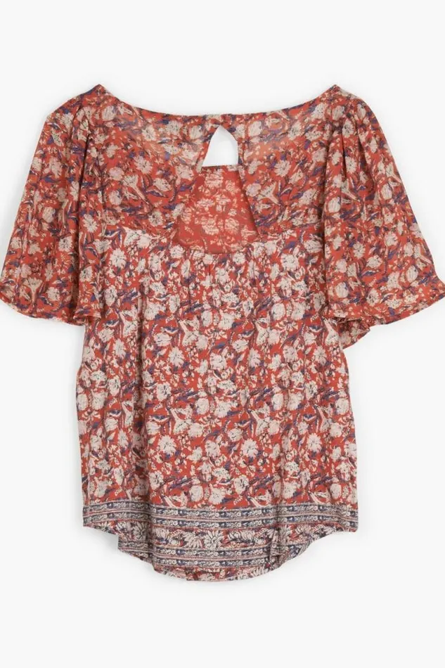 Lucky Brand Mixed Media Flutter Slv Red Multi Women Knit Tops