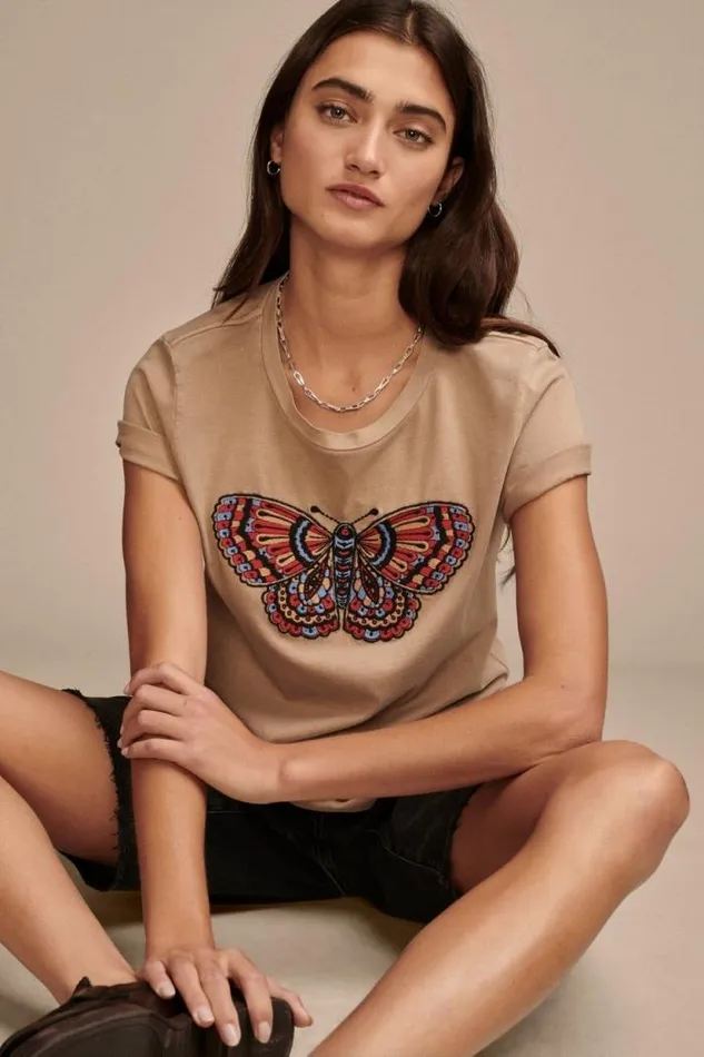 Lucky Brand Multi Color Butterfly Classic Crew Light Taupe Women Graphic Tees