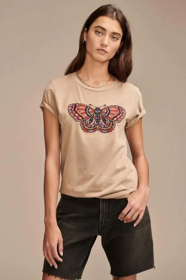 Lucky Brand Multi Color Butterfly Classic Crew Light Taupe Women Graphic Tees