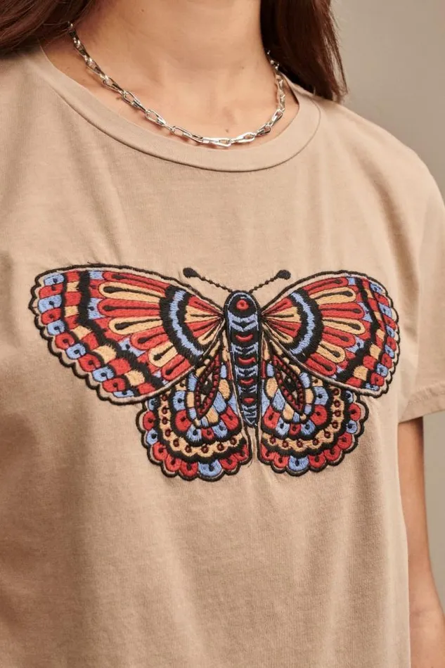 Lucky Brand Multi Color Butterfly Classic Crew Light Taupe Women Graphic Tees