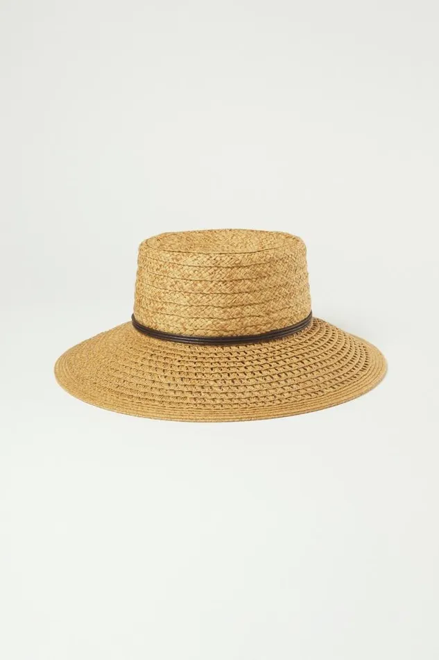 Lucky Brand Open Weave Boater With Leather Tie Medium Brown Women Hats