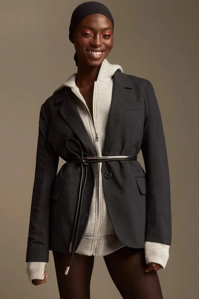 Lucky Brand Oversized Pinstripe Blazer Navy Pinstripe Women Jackets and Outerwear