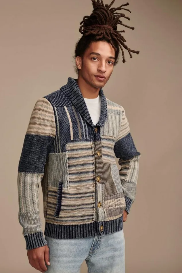 Lucky Brand Patchwork Shawl Cardigan Denim Combo Men Sweaters