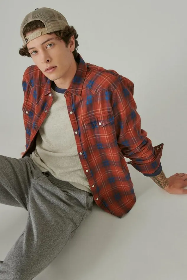 Lucky Brand Plaid Indigo Western Long Sleeve Shirt Red Plaid Men ButtonDowns
