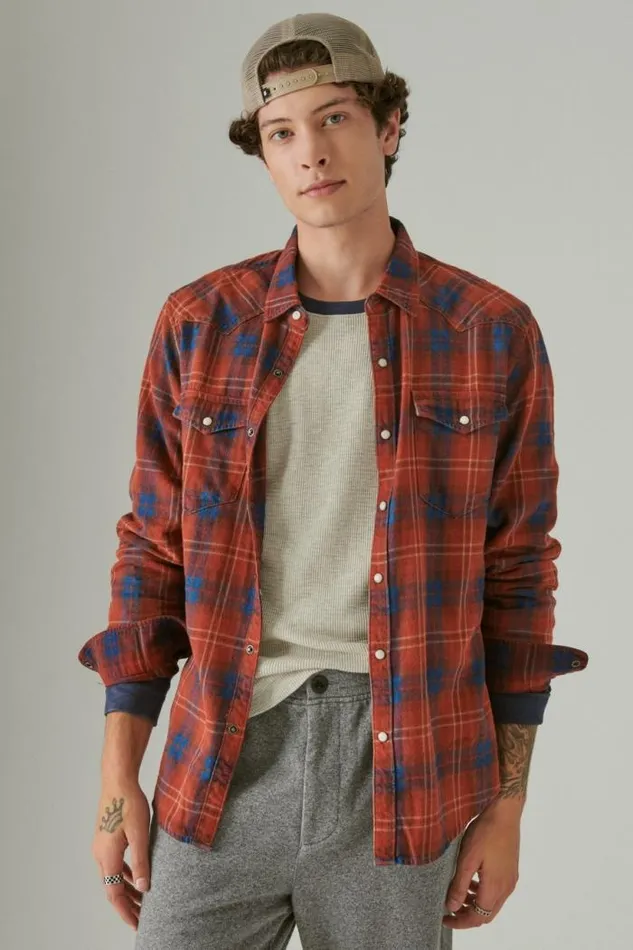 Lucky Brand Plaid Indigo Western Long Sleeve Shirt Red Plaid Men ButtonDowns