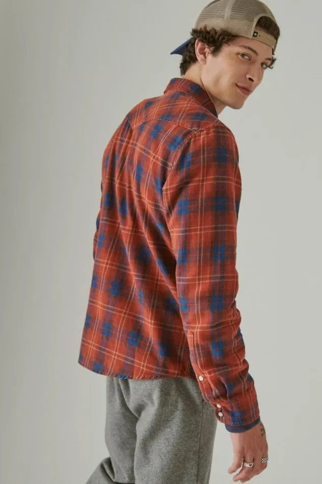 Lucky Brand Plaid Indigo Western Long Sleeve Shirt Red Plaid Men ButtonDowns