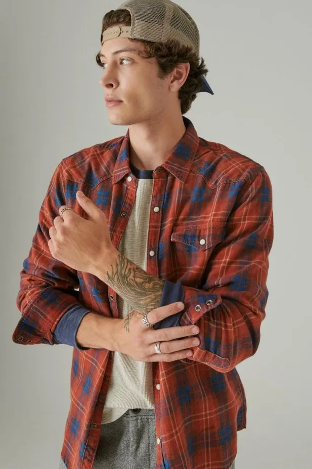 Lucky Brand Plaid Indigo Western Long Sleeve Shirt Red Plaid Men ButtonDowns