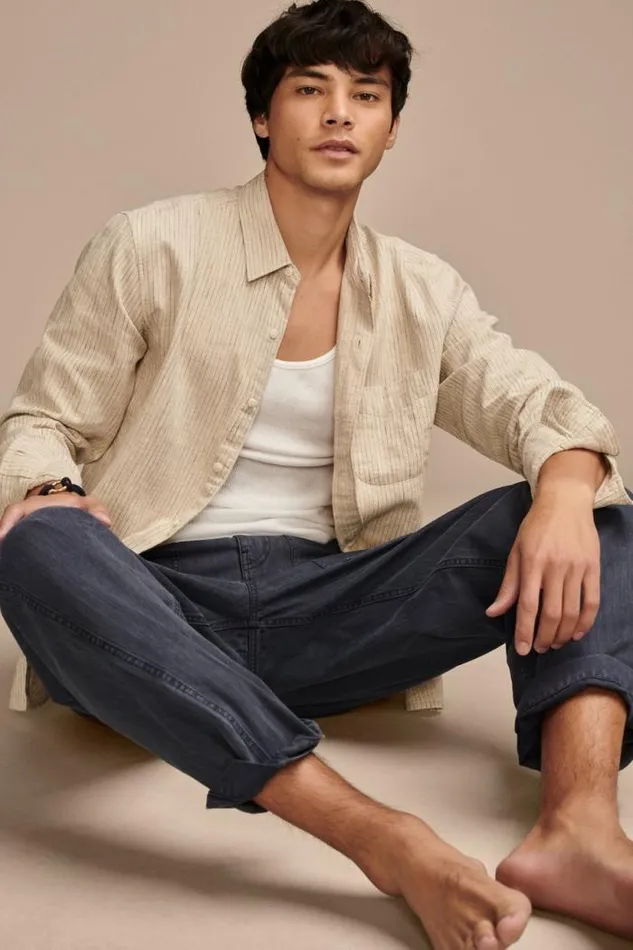 Lucky Brand Railroad Stripe Linen One Pocket Long Sleeve Shirt Natural Stripe Men ButtonDowns