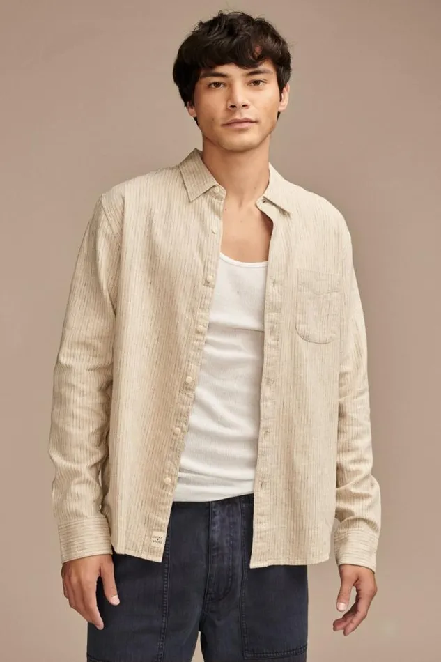 Lucky Brand Railroad Stripe Linen One Pocket Long Sleeve Shirt Natural Stripe Men ButtonDowns