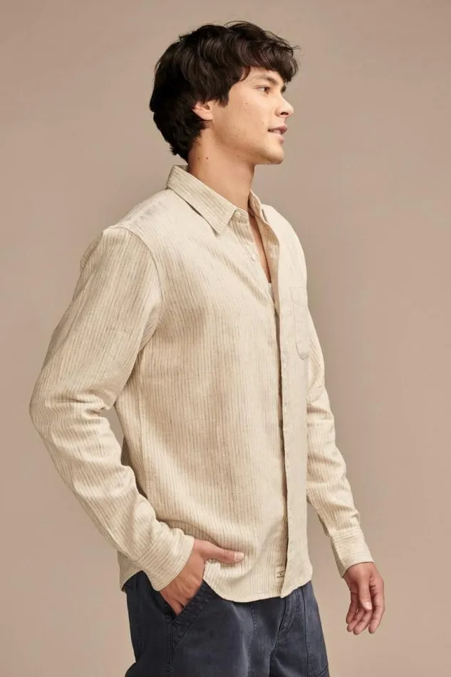 Lucky Brand Railroad Stripe Linen One Pocket Long Sleeve Shirt Natural Stripe Men ButtonDowns