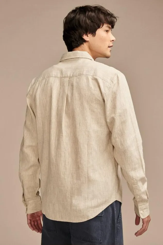 Lucky Brand Railroad Stripe Linen One Pocket Long Sleeve Shirt Natural Stripe Men ButtonDowns