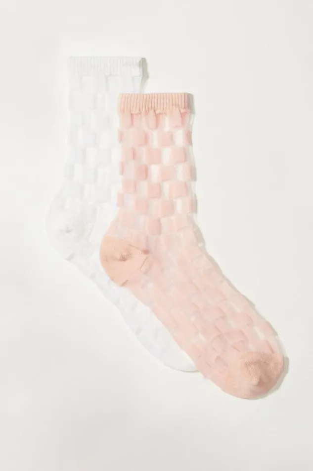 Lucky Brand Sheer Checkered Crew Sock Light Pink Women Socks