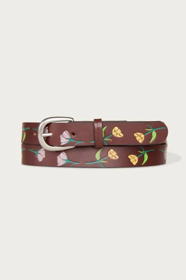 Lucky Brand Skinny Leather Jean Belt With Floral Embossed And Handpaint Dark Brown Women Belts