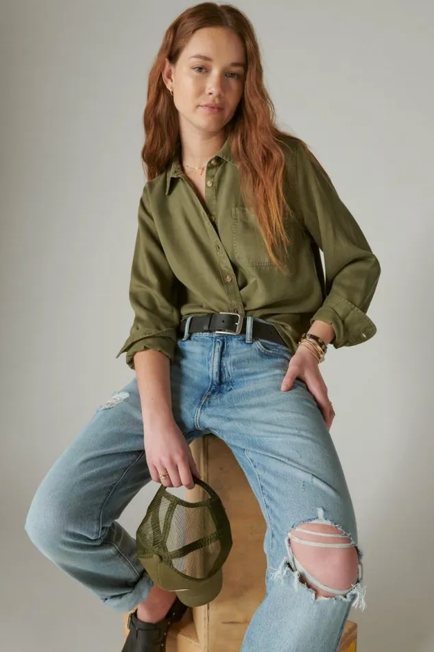 Lucky Brand Solid Boyfriend Button Down Shirt Olive Women All Tops