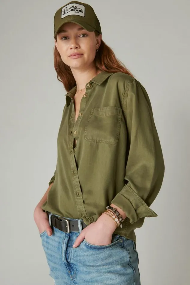 Lucky Brand Solid Boyfriend Button Down Shirt Olive Women All Tops