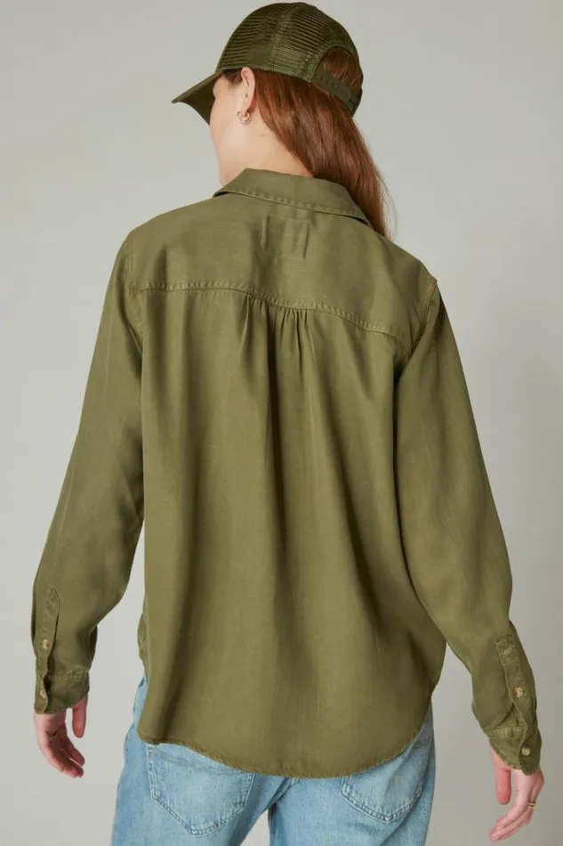 Lucky Brand Solid Boyfriend Button Down Shirt Olive Women All Tops