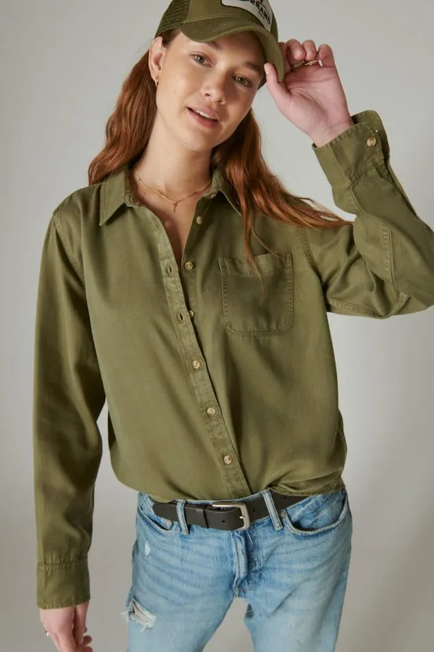 Lucky Brand Solid Boyfriend Button Down Shirt Olive Women All Tops