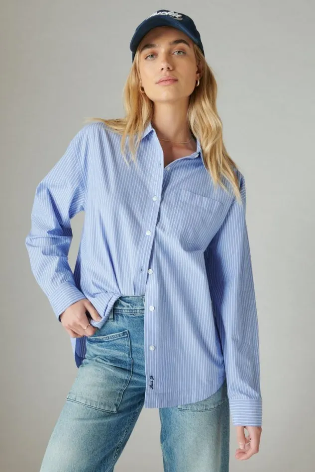 Lucky Brand The Oversized Poplin Button Down Blue Stripe Women Blouses