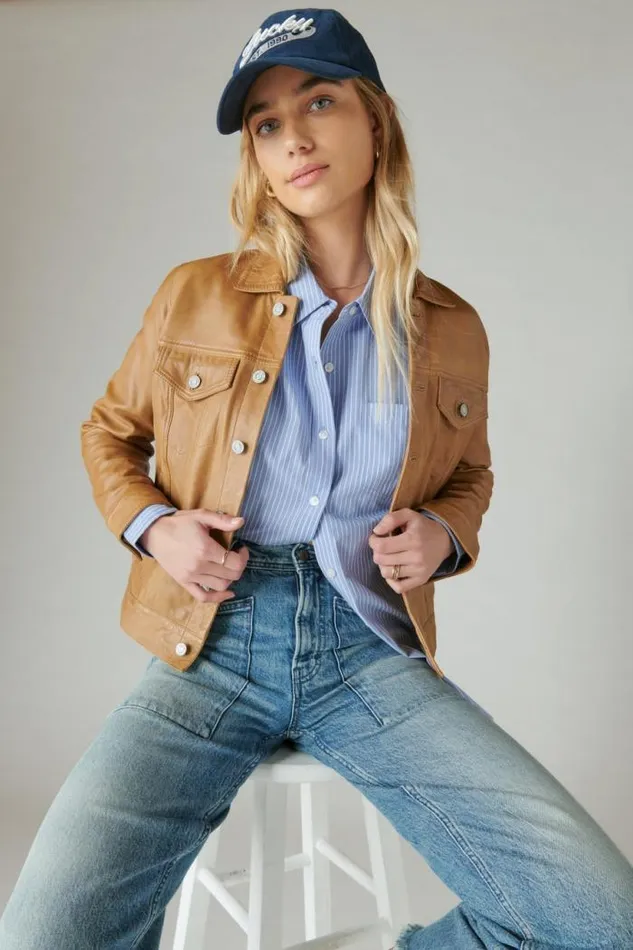 Lucky Brand The Oversized Poplin Button Down Blue Stripe Women Blouses