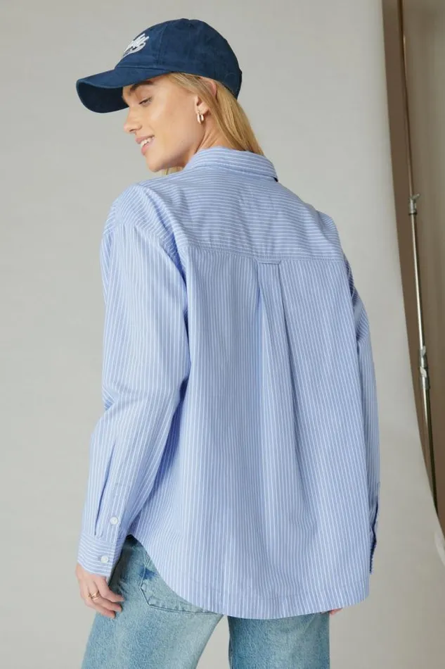 Lucky Brand The Oversized Poplin Button Down Blue Stripe Women Blouses