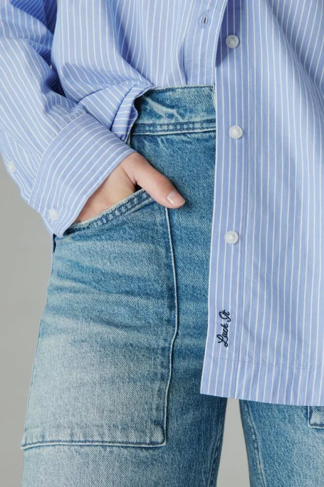 Lucky Brand The Oversized Poplin Button Down Blue Stripe Women Blouses